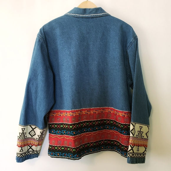 Aztec Southwestern Tribal Boho Embroidered Denim Jean Jacket - Picture 6 of 11
